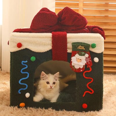 Maison de Noël Pliante pour Animaux de Compagnie Amovible et Lavable Maison pour Chat Grotte pour Chiot Canapé Lit pour Animaux de Compagnie Convient aux Animaux de Compagnie Moyens et Grands 35x35x32cm beige