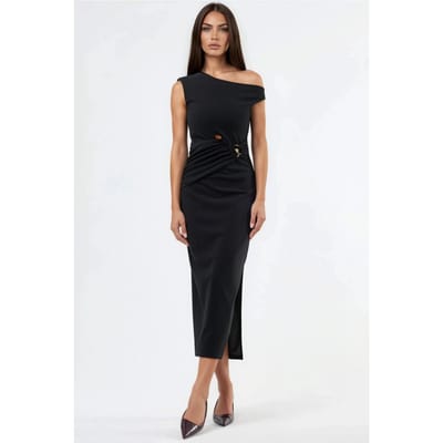 Asymmetrische Kraag Midi-jurk met Accessoire-details