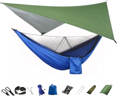 Kampeerhangmat met Klamboe - Nylon Hangmat - Buiten Ontspannen - Geïntegreerd Net - 290 x 140 cm - Groen en Blauw
