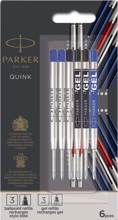 Parker Jotter London Discovery-pakket bestaande uit navullingen voor balpen en gelpen: 3 Quinkflow-navullingen voor uw balpen en 3 Quink gelnavullingen