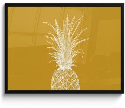 Poster in lijst - Fotolijst 70x50 cm - Posters - Lijnillustratie - Ananas - Bladkroon - Okergeel - Posterlijst zwart - Decoratie - Wanddecoratie woonkamer - Muurdecoratie slaapkamer