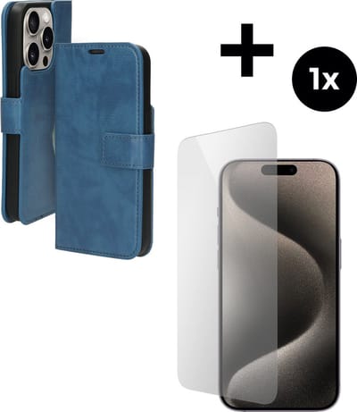 Mobiparts Classic Wallet hoesje geschikt voor Apple iPhone 15 Pro met 1 Screenprotector van Gehard Glas - Blauw