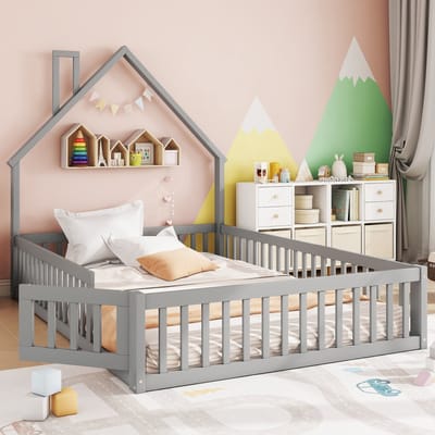 Montessori Huisbed met Veiligheidshek 140x200 cm – Houten Kinderbed met Schoorsteen – Grijs
