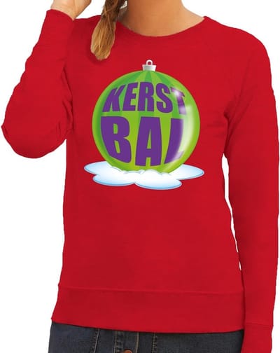 Foute kersttrui kerstbal groen op rode sweater voor dames - kersttruien XS