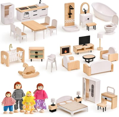 Houten Poppenhuis Meubels Set met 36 Delen en 4 Familiepoppen - Leuk Speelgoed voor Kinderen