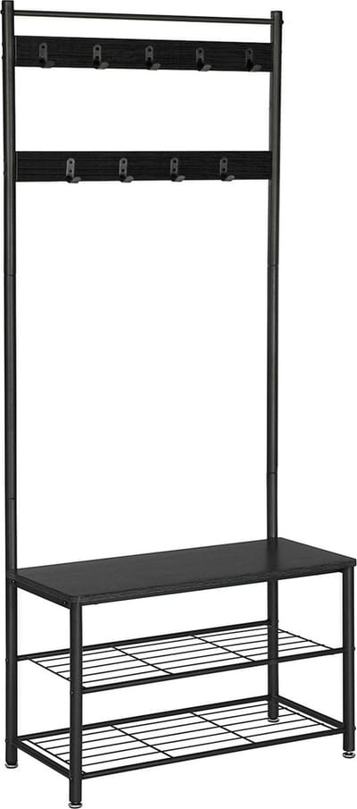 ACAZA Kapstok - Kapstok Staand - Staande Kapstok - Kapstok met Schoenenrek - Garderoberek - 70 x 32 x 175 cm - 9 Haken - Schoenenrek - Zwart