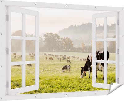 Gards Tuinposter Doorkijk Zwart Witte Koeien in de Wei - 180x120 cm - Tuindoek - Tuindecoratie - Wanddecoratie buiten - Tuinschilderij