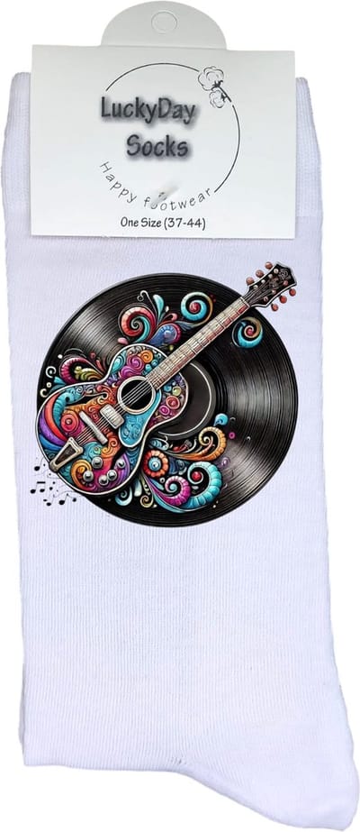 Vinyl plaat - Opkikkertje - Gitaar - Rock n Roll - Grappige sokken - Valentijn cadeau - Verjaardag - Geluk - Grappige sokken - Leuke sokken - Vrolijke sokken - Kleur - Kerst sokken - Vaderdag - Moederdag - Socks maken Happy - 37-44