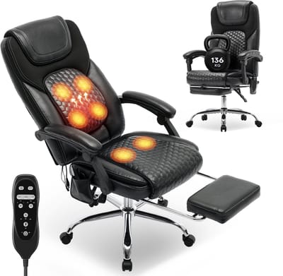 COLAMY massagestoel bureaustoel - verwarming en 6 vibratiepunten - luxe computerstoel met voetsteun - 90-130° verstelbare hoge rugleuning - zwart