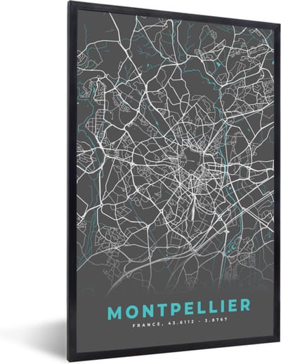 Fotolijst incl. Poster - Montpellier - Frankrijk - Stadskaart - Kaart - Plattegrond - 40x60 cm - Posterlijst