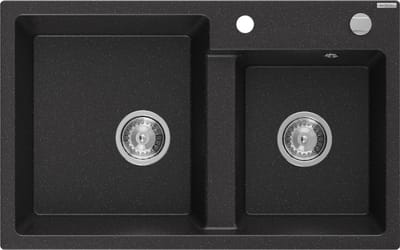 Mexen Tomas granieten gootsteen 2-kamerig 800 x 500 , zwart/zilveren metallic, chromen sifon - 6516802000-73