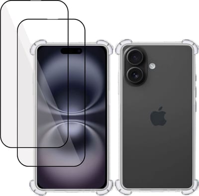 Hoesje + 2x Screenprotector geschikt voor Apple iPhone 16 – Full Screen Tempered Glass - Extreme Shock Case Transparant