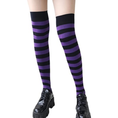 Chaussettes Hautes Opagues Rayées Larges en Nylon 50D pour Femme Adulte Halloween Rayures Horizontales Colorées Hautes pour Cosplay Quotidien One Size black