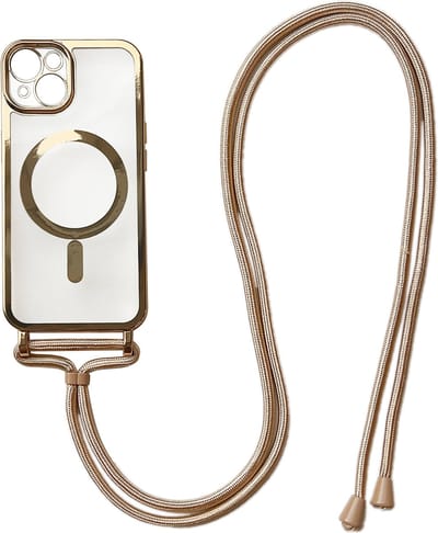 Casemania Hoesje Geschikt voor Apple iPhone 12 Goud - Siliconen Back Cover met Koord - Geschikt voor MagSafe - Telefoonhoesje met Koord - Crossbody Lanyard Cord Case