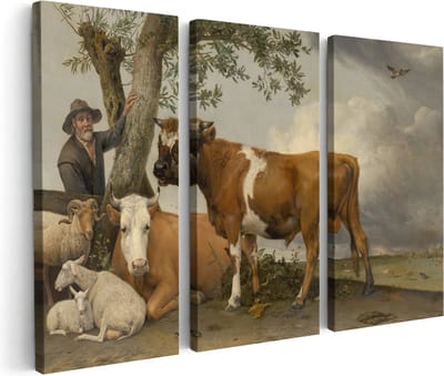 Artaza Canvas Schilderij Drieluik De Stier - Paulus Potter - 90x60 cm - Wanddecoratie Woonkamer - Schilderijen - Muurdecoratie