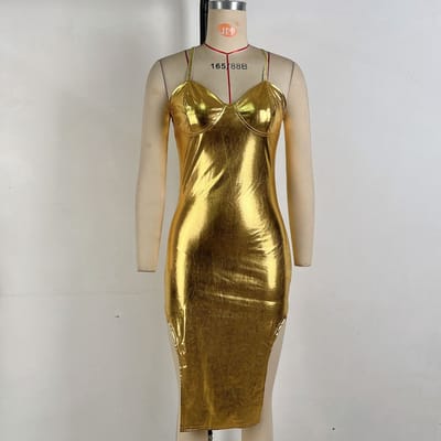 Dames Herfst Hot Goud-hot Bandje Sexy Taille Verpakking Onregelmatige Jurk met Bretels voor Dames M