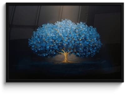 Poster in lijst - Fotolijst 90x60 cm - Posters - Boom - Blauw - Bladeren - Penseelstreken - Posterlijst zwart - Decoratie - Wanddecoratie woonkamer - Muurdecoratie slaapkamer