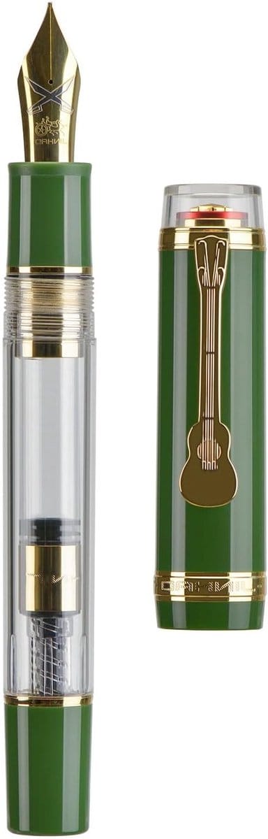 Elegante vulpen met fijne nib, groen en transparant acryl, converter en gitaarclip - Perfect voor schrijfliefhebbers en collectors