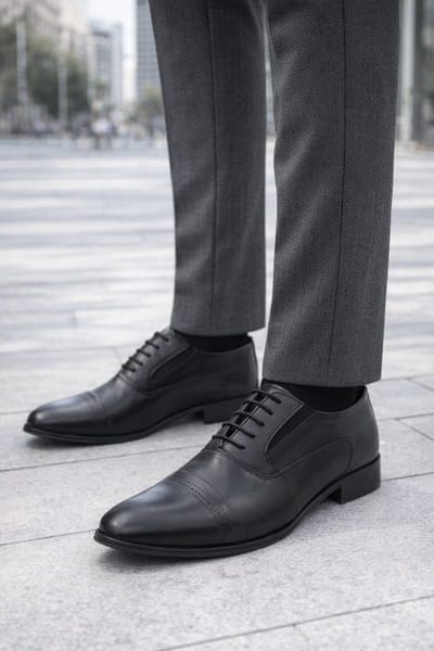 Veterschoenen – Nette Heren schoenen – Zwarte leren Oxford herenschoen – klassieke zakelijke veterschoen met cap- toe en brogue details 1195 – Zwart – Maat 41