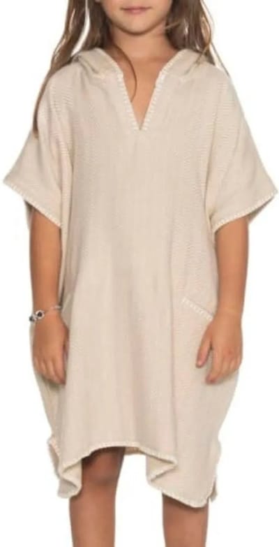 Lalay Strandponcho ZigZag Beige - maat 6-7 jaar - jongens/meisjes/unisex pasvorm - poncho handdoek voor kinderen met capuchon - zwemponcho - badcape