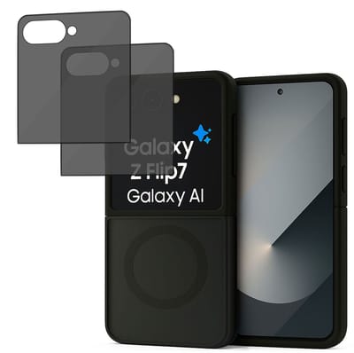 Hoesje + 2x Privacy Screenprotector geschikt voor Samsung Galaxy Z Flip 7 Hoesje - Portemonnee Hoesje geschikt voor MagSafe - Magnetisch - Gehard Glas- Zwart