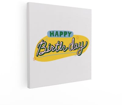 Artaza Canvas Schilderij Happy Birthday - 50x50 cm - Wanddecoratie Tekst - Muurdecoratie Retro - Decoratie Verjaardag Geel