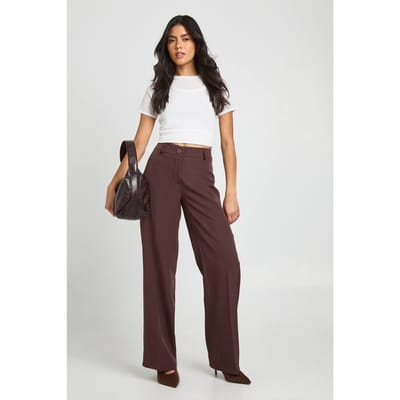 boohoo Dames Geweven op maat gemaakte slanke rechte broek | Chocoladebruin | Maat: 44