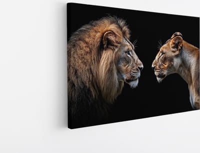 Saammp Canvas Schilderij - Leeuw en leeuwin kijken naar elkaar - Dieren - Abstract - 45x30 - Foto op canvas - Wanddecoratie - Muurdecoratie Woonkamer - Slaapkamer decoratie - Canvas Print