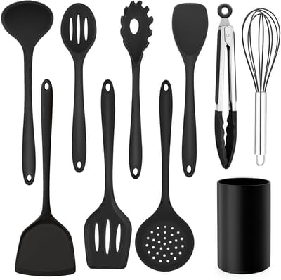 Dailygoods - Homikit Keukenhulpset, 10 stuks, siliconen keukengerei, kookgerei set met gebruiksvoorwerpenhouder, anti-aanbaklaag, hittebestendig kookbestek voor koken, bakken, gezond en vaatwasmachinebestendig