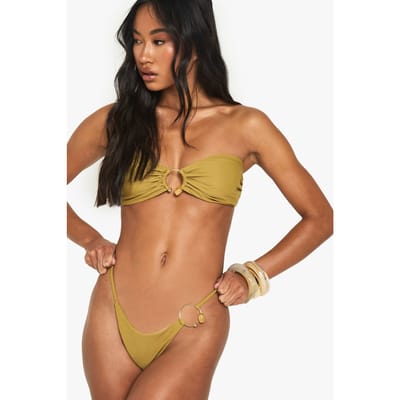 boohoo Dames Resinsteen afwerking, gouden O-ring detail, bandeau bikini-bovenstuk | Olive | Maat: 8