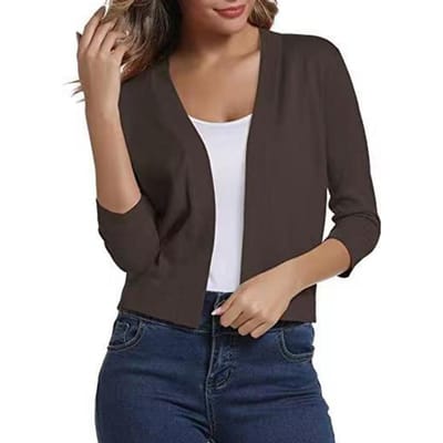 Dames Breivest Zonder Kraag 3/4 Mouw Kort Gebreid Jasje Effen Kleur Open Stiksels Gebreid Bovenkleding M koffie