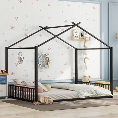 Wishdor – Kinderbed 140x200 cm – Huisvorm – Strak & Stoer – Metaal – Zwart