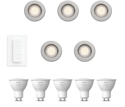 Philips Hue Peridot Set van 5 Inbouwspots (Nikkel) - Rond - Niet Richtbaar - GU10 - Warmwit Licht - Incl. Hue Dimmer Switch - Hue White