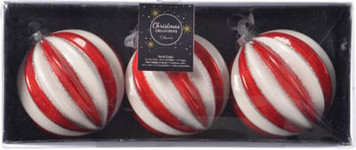 Decoris Luxe kerstballen - 3x - rood/wit gestreept - D8 cm - glas - glitter - brass - Kerstversiering/kerstboomversiering