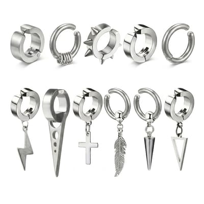 11 delige set Zilverkleurige oorringen voor heren – oorbellen met hangers in kruis, veer, bliksem en punt design – moderne metalen oorhangers set in diverse stijlen