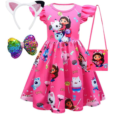 Meisjesjurk Korte Mouw Gabby's Poppenhuis Prinses Gabby Kat Net Tule Rok Kinder Verjaardagsfeest Cosplay Jurk Kostuum 130(7-8Years) pink