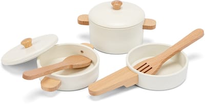 Woet® Houten Pannenset Wit - 7-delige Set met Kookgerei - Speelgoed Keukenset - Speelgoedkeuken Accessoires voor Kinderen - Rollenspel Keukenspeelgoed - Vanaf 2 Jaar