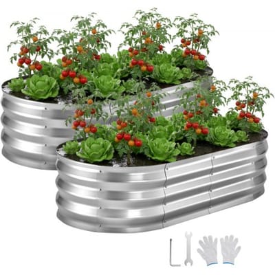 VEVOR Verhoogd tuinbed, Metaal, 2-delige set, 120x60x30 cm, Ovaal tuinbed, Plantenbakset voor buiten, Groentebed met handschoenen, Bloembed, Plantbed voor bloemen en groenten, Zilver