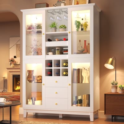 MIVRAY Wijnkast - Met RGB Ledverlichting En 3 Laden - Voor Woonkamer En Keuken - MDF In Wit - 120x40x180,5 Cm