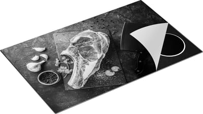 Chefcare Inductie Beschermer Vlees met een Mes op een Marmeren Plaat - Zwart Wit - 85x52 cm - Afdekplaat Inductie - Kookplaat Beschermer - Inductie Mat