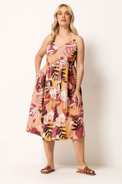 Yours Oranje Linnen Midijurk Met Tropische Print Size 42
