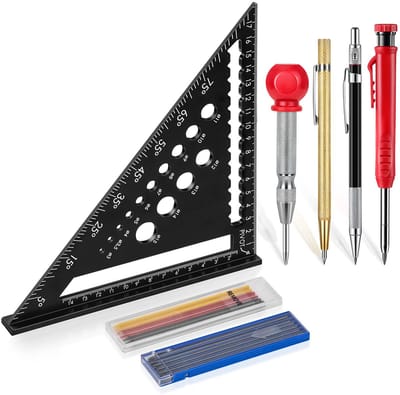 multifunctionele timmermanshoek 180 mm + metalen bouwstift, timmermansliniaal, trusquin gradenboog, 45 tot 90 graden, gereedschap timmerman