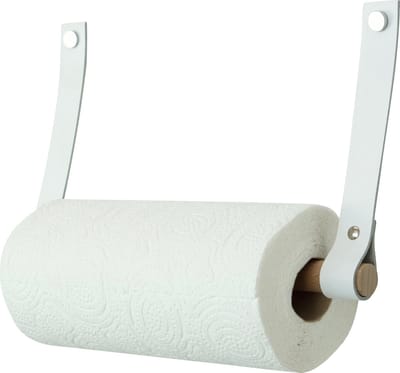 Handles and more® - Leren keukenrolhouder - Kleur: Wit - Roldrager: rondhout - keukenrolhouder aan wand