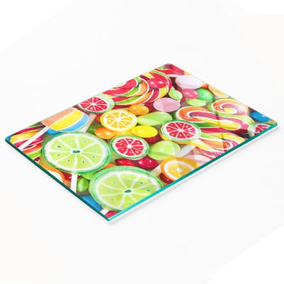Stijlvol en duurzaam glazen bord met kleurrijke snoepprint, 80x52 cm