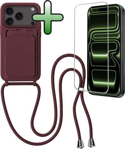 Hoes Geschikt voor iPhone 17 Pro Hoesje Pas Houder Case Hoes Met Koord Met Screenprotector - Hoesje Geschikt voor iPhone 17 Pro Hoes Met Telefoonkoord Pasjeshouder Cover - Aubergine