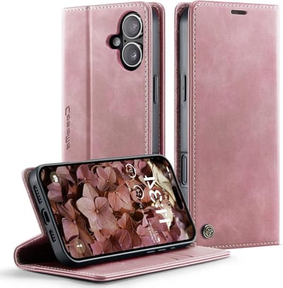 Premium PU Leren Flip Case voor iPhone 17 met RFID Bescherming, Vouwbare Stand en Kaartcompartiment - Roze