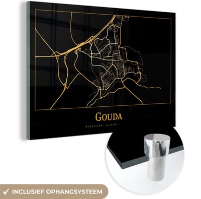 MuchoWow® Glasschilderij 60x40 cm - Schilderij acrylglas - Kaart - Gouda - Goud - Zwart - Foto op glas - Schilderijen