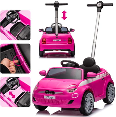 sun baby Loopauto kinderauto met duwstang, FIAT 500 schuifauto vanaf 18 maanden, duwauto met veiligheidsgordel en te openen deur (Roze)