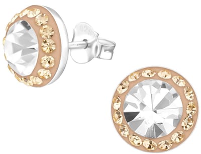 Joy|S - Zilveren classic ronde oorbellen - 9 mm - kristal wit met peach roze