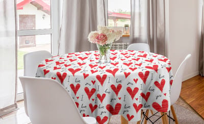 ABAKUHAUS Love Ronde Tafelkleed, Handgeschreven Valentijnskaarten, Cirkelvormige tafelkleed voor eetkamerkeukendecoratie, 150 cm, Vermiljoen zwart wit